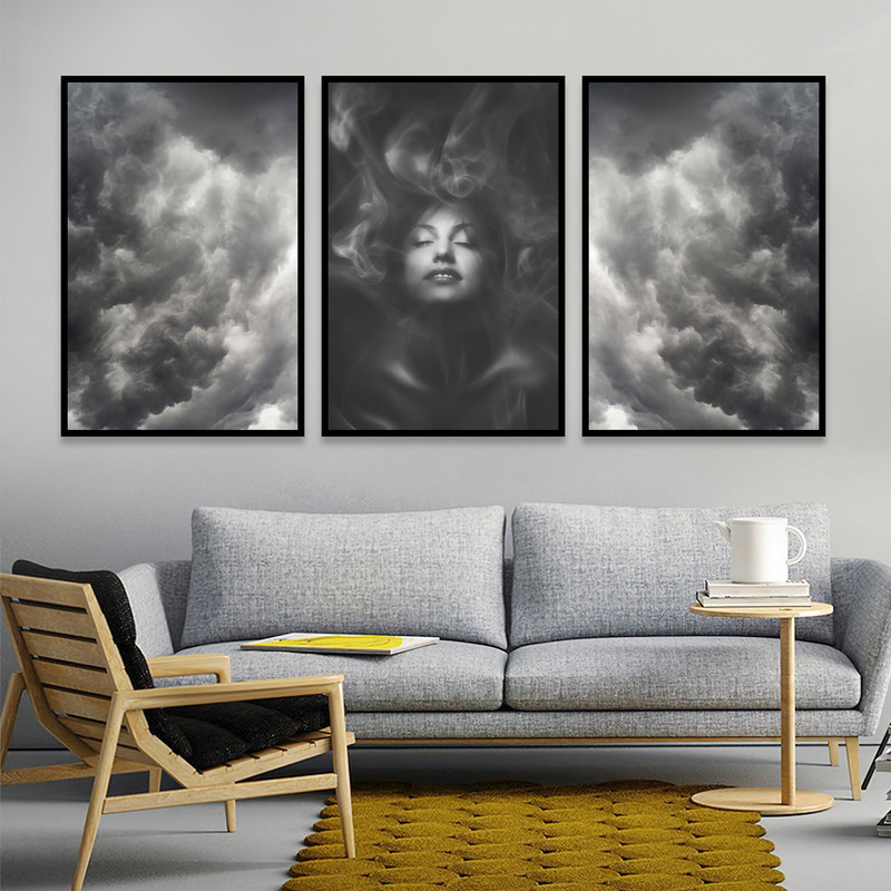 تابلو بکلیت مدل طرح اسمان سیاه و چهره زن B-1057  مجموعه 3 عددی