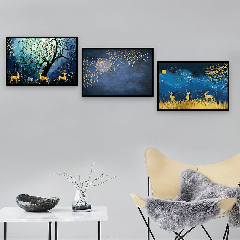 تابلو بکلیت طرح ورق طلا منظره شب و گوزن مدل B-765 مجموعه 3 عددی