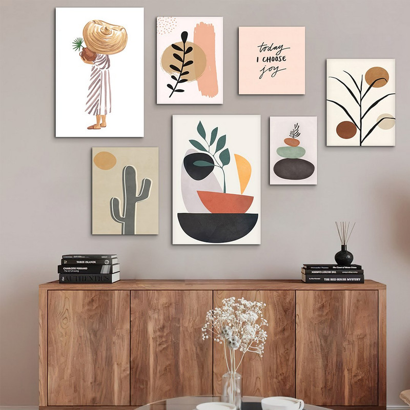 تابلو شاسی بکلیت طرح نقاشی مینیمال گل و گلدان و دخترانه مدل SH-962 مجموعه 7 عددی