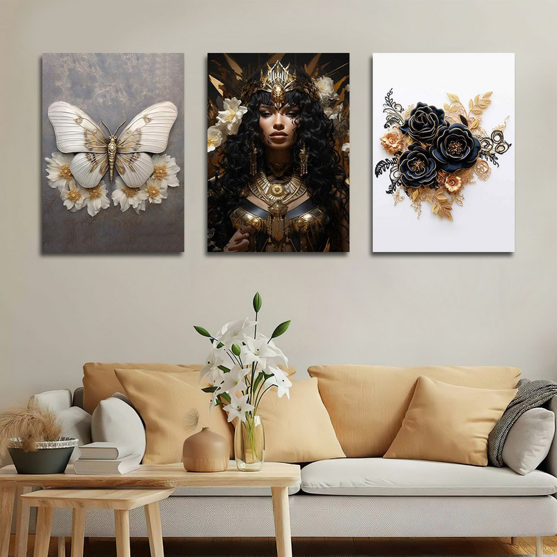 تابلو شاسی بکلیت طرح آرایش چهره آفریقایی و گل و پروانه مدل SH-1393 مجموعه 3 عددی