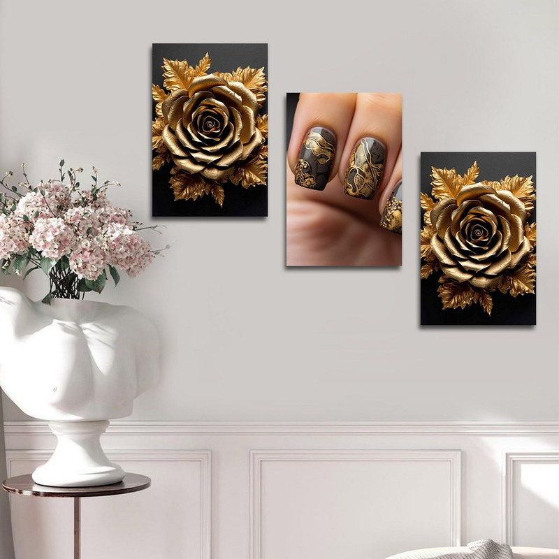 تابلو شاسی بکلیت طرح کاشت ناخن طلایی و گل طلاکوب مدل SH-1391 مجموعه 3 عددی