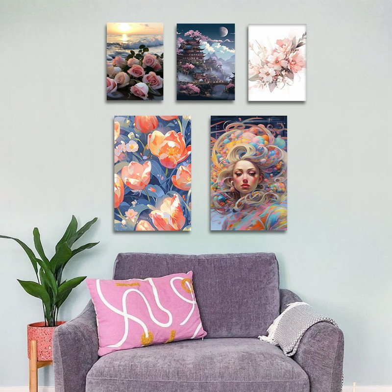 تابلو شاسی بکلیت طرح دخترانه و نقاشی شکوفه گل مدل SH-1379 مجموعه 5 عددی