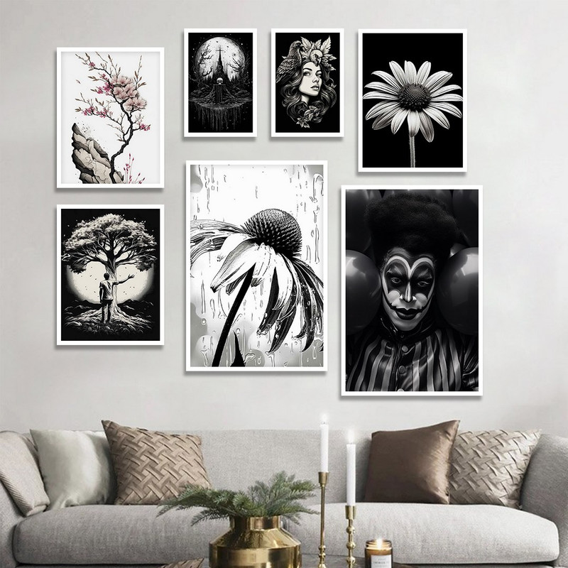 تابلو بکلیت طرح نقاشی مدرن گل و درخت سیاه و سفید مدل W-1149 مجموعه 7 عددی