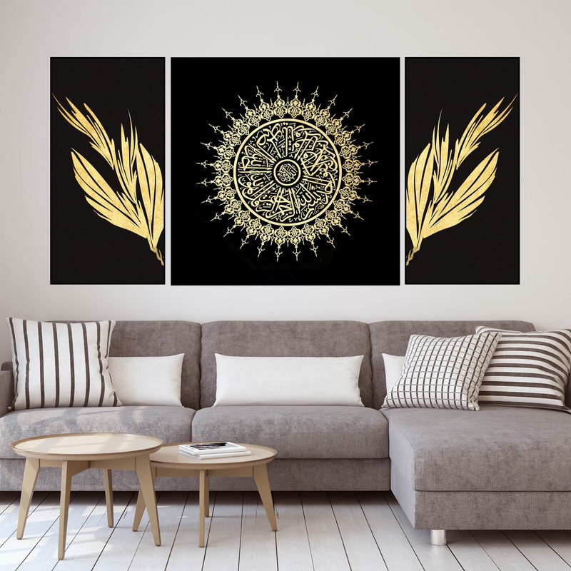 تابلو بکلیت طرح مدرن ورق طلا و برگ مدل B-1972 مجموعه 3 عددی