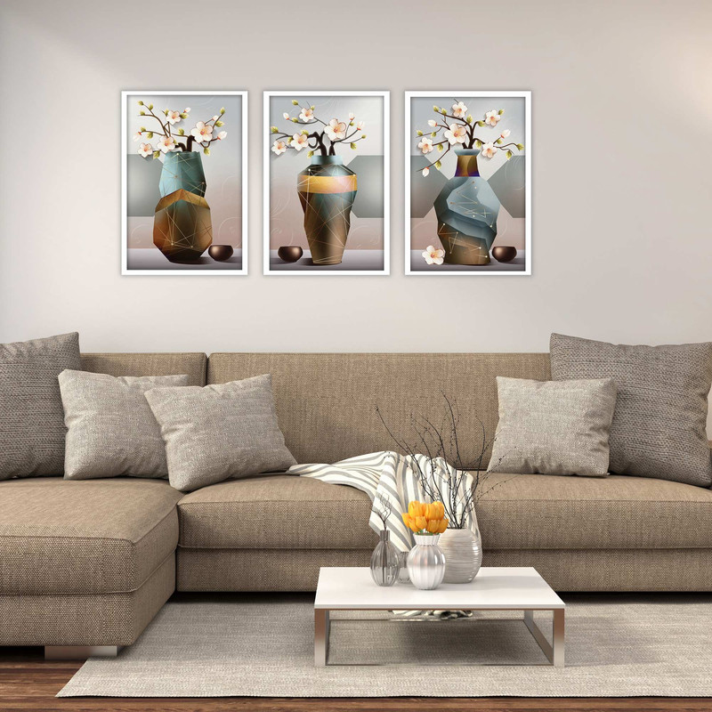 تابلو بکلیت طرح نقاشی مدرن گلدان و گل مدل W-1889 مجموعه 3 عددی