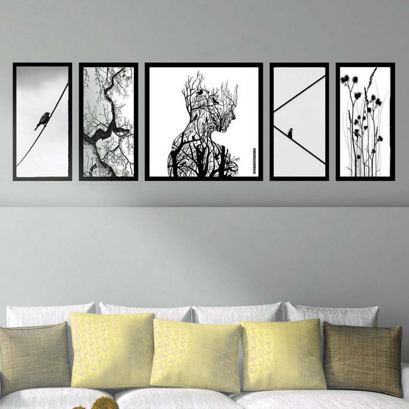 تابلو بکلیت طرح نقاشی مدرن درخت و پرنده  مدل B-1920 مجموعه 5 عددی