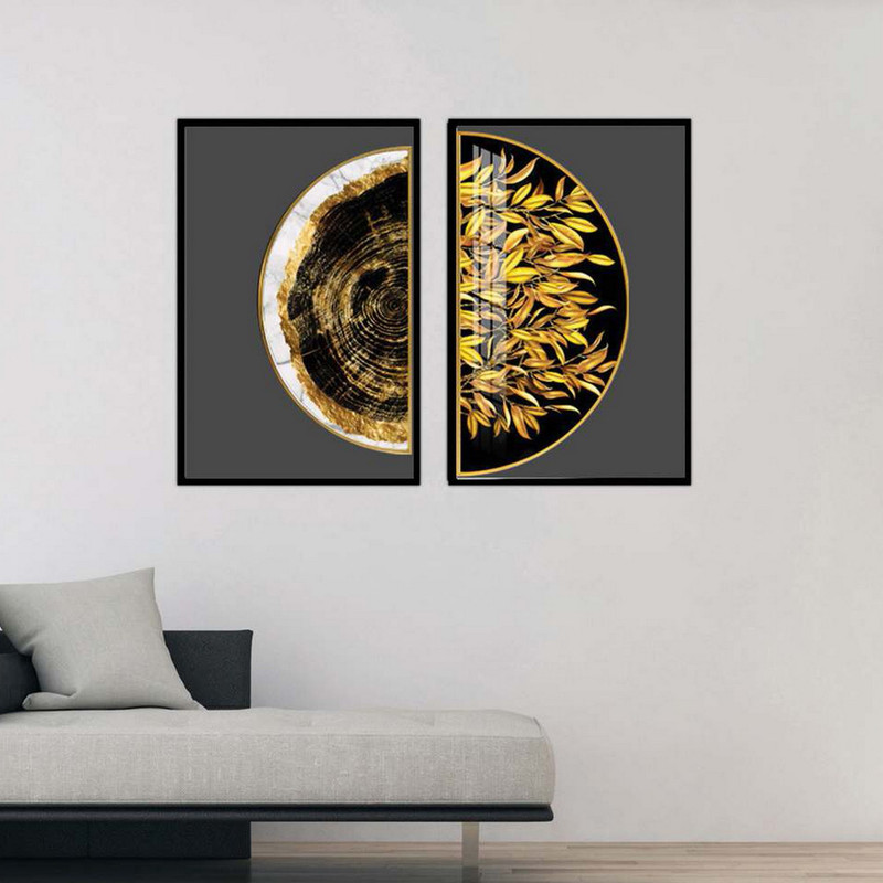 تابلو بکلیت طرح مدرن نیم دایره برگ طلایی مدل B-1864 مجموعه 2 عددی