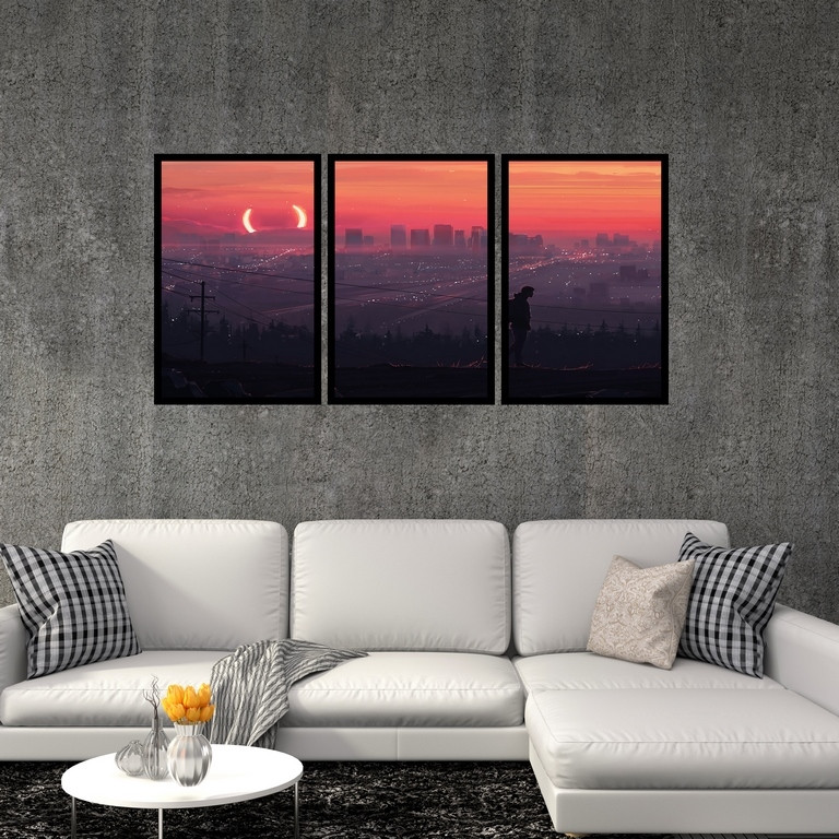 تابلو بکلیت طرح نقاشی منظره شهری و هلال ماه مدل B-S4890 مجموعه سه عددی