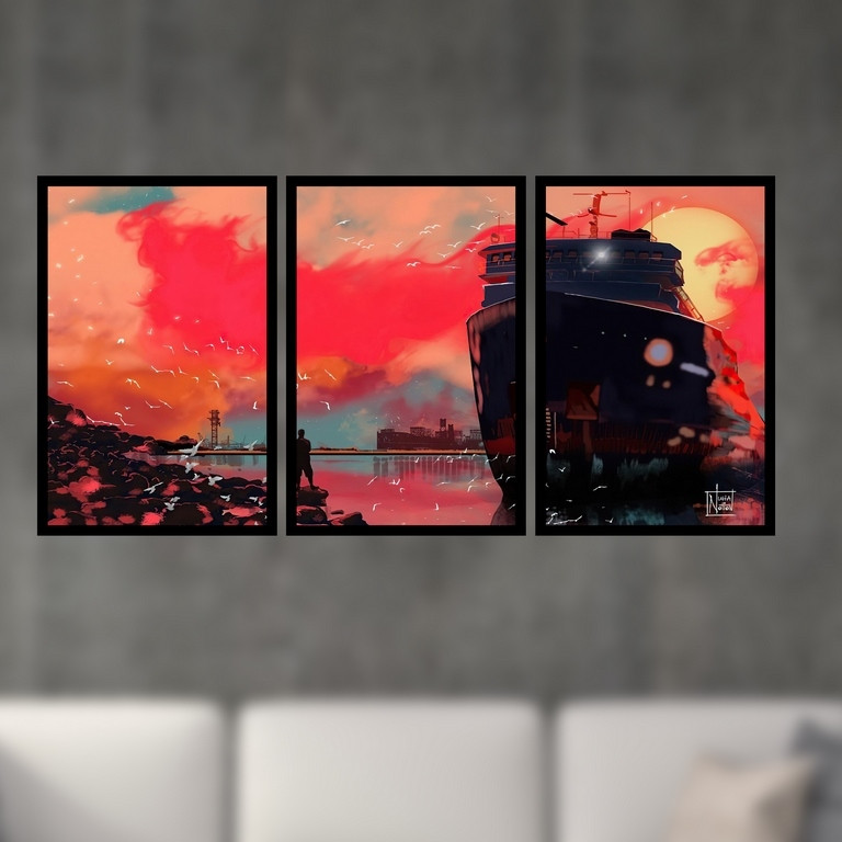 تابلو بکلیت طرح نقاشی ساحل دریا و کشتی مدل B-S4965  مجموعه 3 عددی