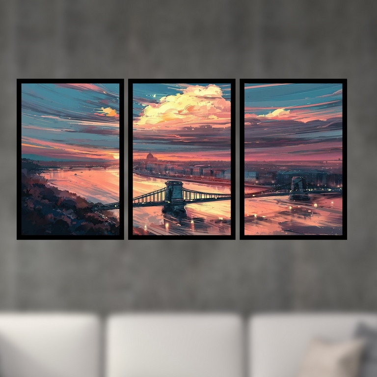 تابلو بکلیت طرح نقاشی آسمان ابری و پل مدل B-S4957  مجموعه 3 عددی