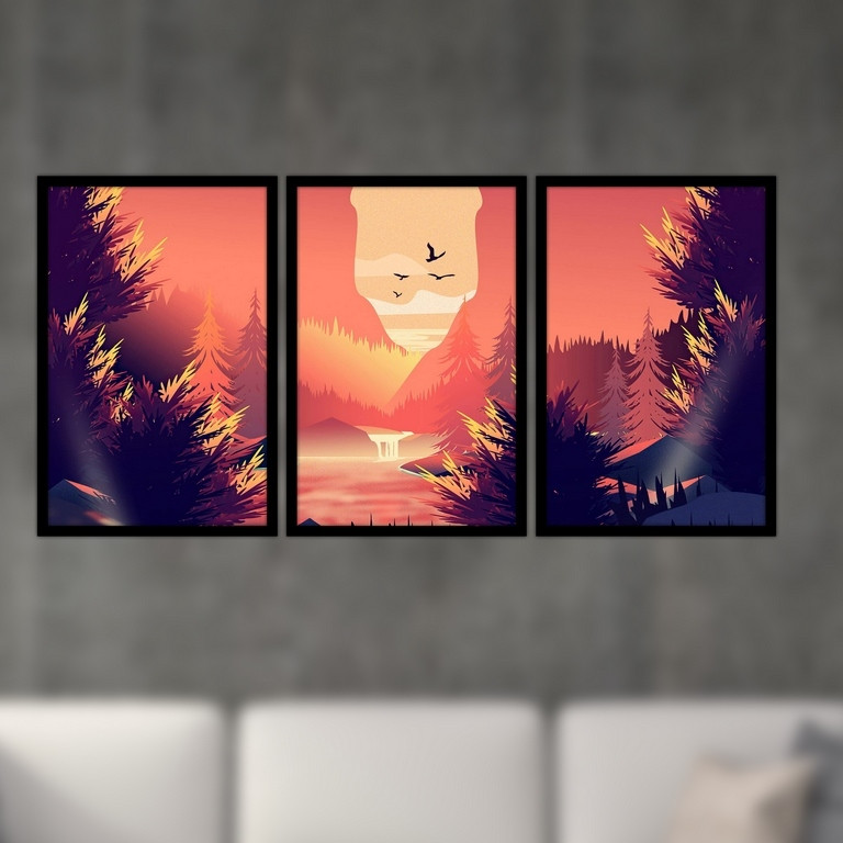 تابلو بکلیت طرح نقاشی فانتزی منظره کوهستان و جنگل مدل B-S4930 مجموعه 3 عددی