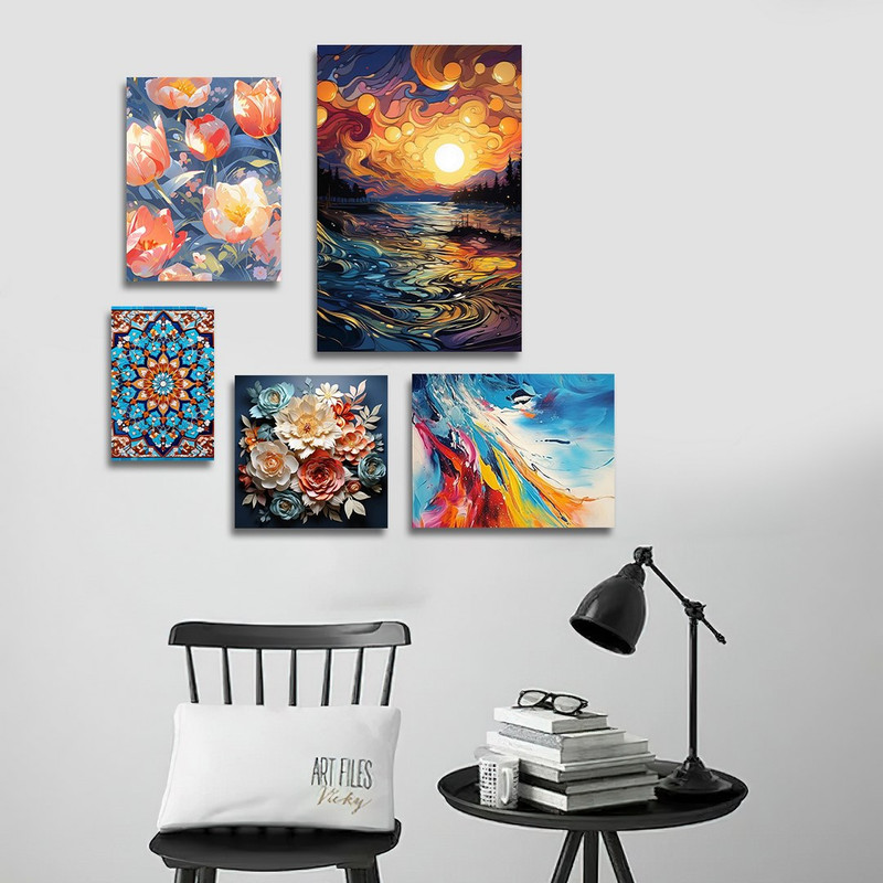 تابلو شاسی بکلیت طرح نقاشی رنگ روغن آبستره گل و طبیعت مدل SH-1328 مجموعه 5 عددی