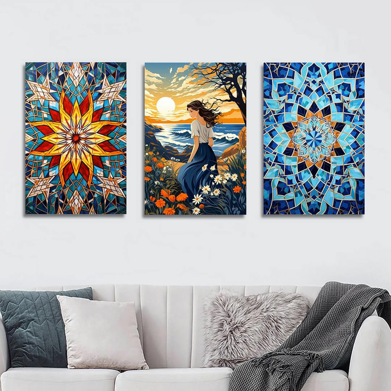 تابلو شاسی بکلیت طرح نقاشی طبیعت و گل هندسی مدل SH-1301 مجموعه 3 عددی