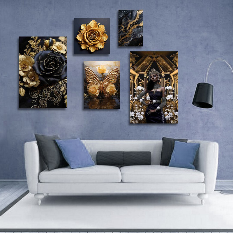 تابلو شاسی بکلیت طرح رزین گل و پروانه طلایی مدل SH-1244 مجموعه 5 عددی