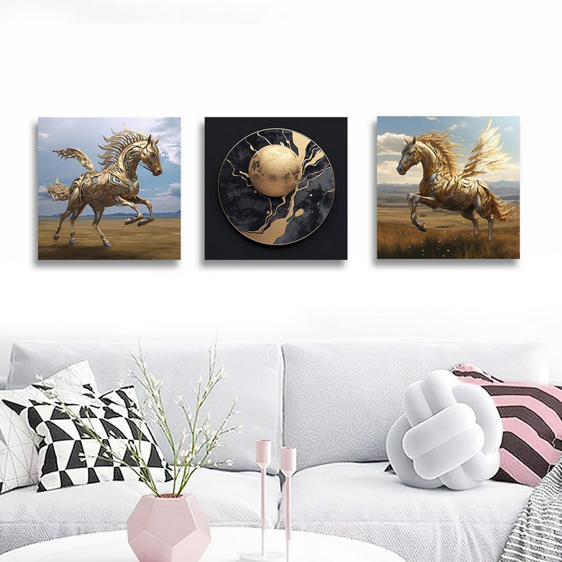 تابلو شاسی بکلیت طرح نقاشی اسب طلاکوب مدرن مدل SH-1238 مجموعه 3 عددی