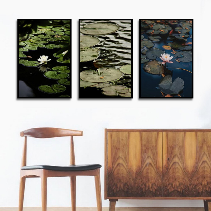 تابلو بکلیت طرح دکوری مدرن گل نیلوفر آبی مدل B-1466 مجموعه 3 عددی