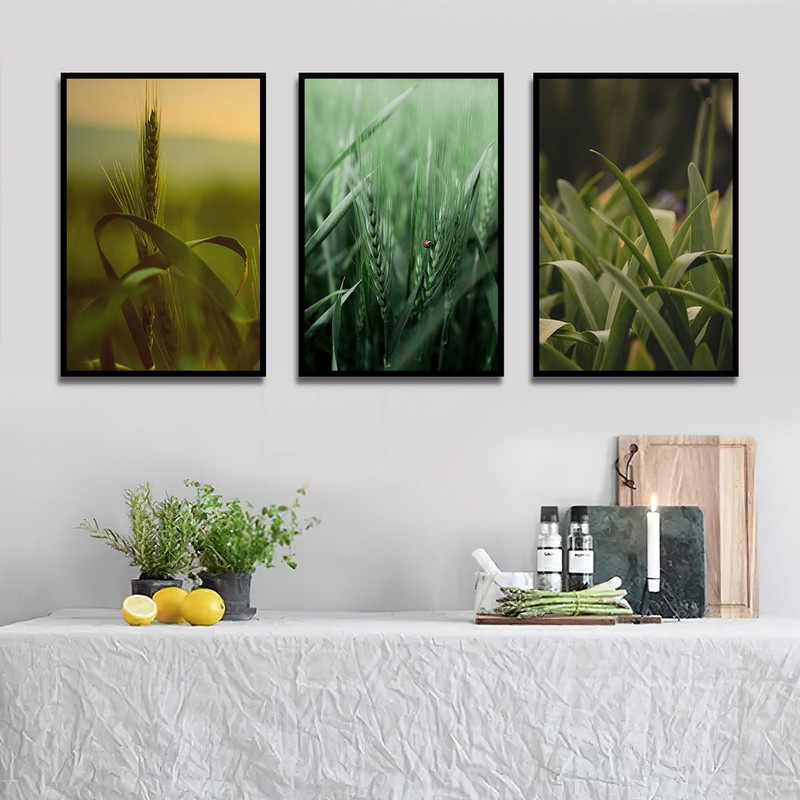 تابلو بکلیت طرح دکوری مدرن طبیعت برگ و گندمزار مدل B-1457 مجموعه 3 عددی
