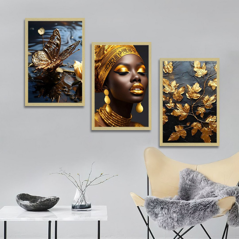 تابلو بکلیت طرح دکوراتیو چهره آفریقایی طلایی مدل BE-1363 مجموعه 3 عددی