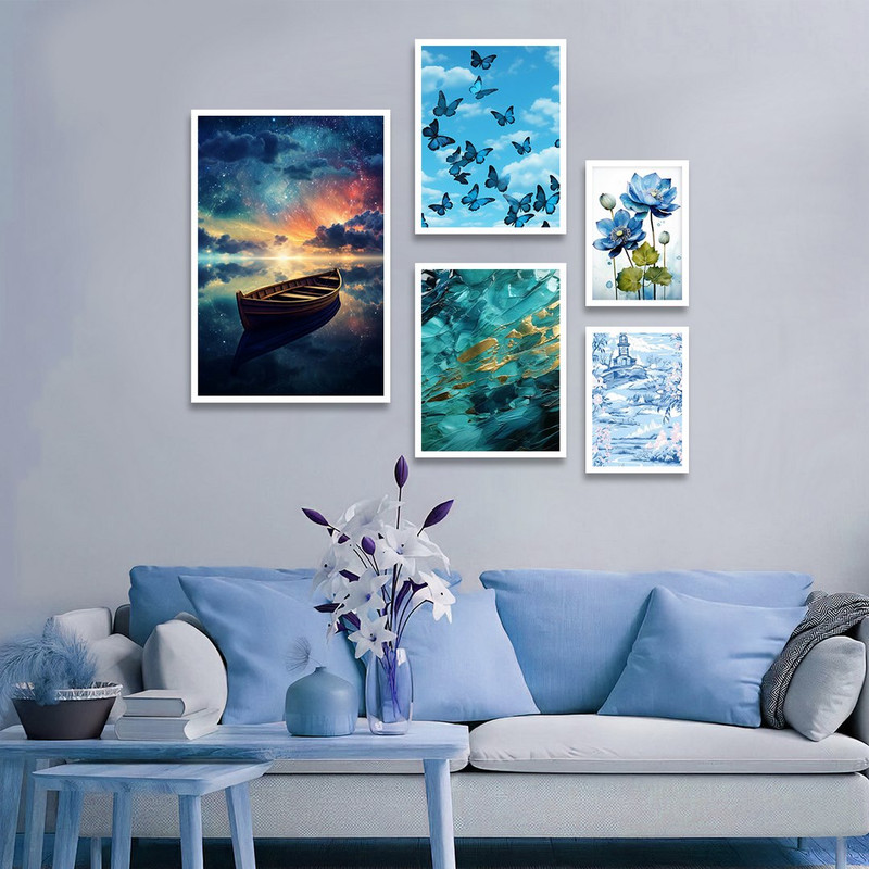 تابلو بکلیت طرح نقاشی دریاچه کهکشانی و گل و پروانه مدل W-1362 مجموعه 5 عددی