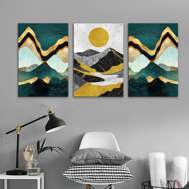 تابلو شاسی بکلیت طرح نقاشی کوه و خورشید مدل SH-1005 مجموعه 3 عددی