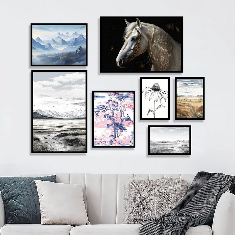 تابلو بکلیت طرح طبیعت و دریا و کوه و اسب مدل B-1152 مجموعه 7 عددی