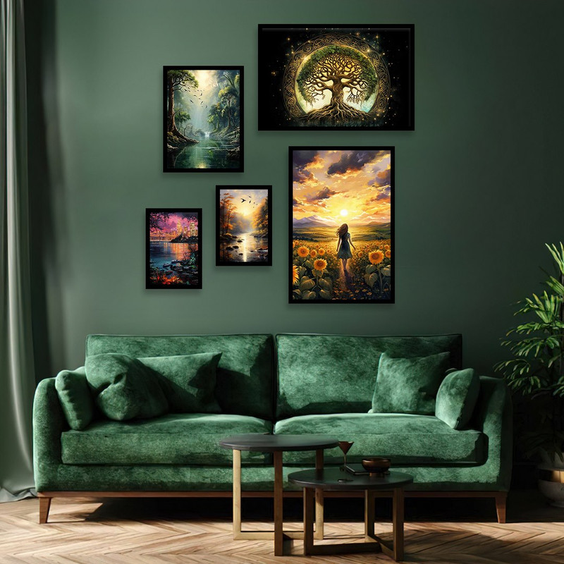 تابلو بکلیت طرح نقاشی منظره پاییزی و طبیعت مدل B-1251 مجموعه 5 عددی