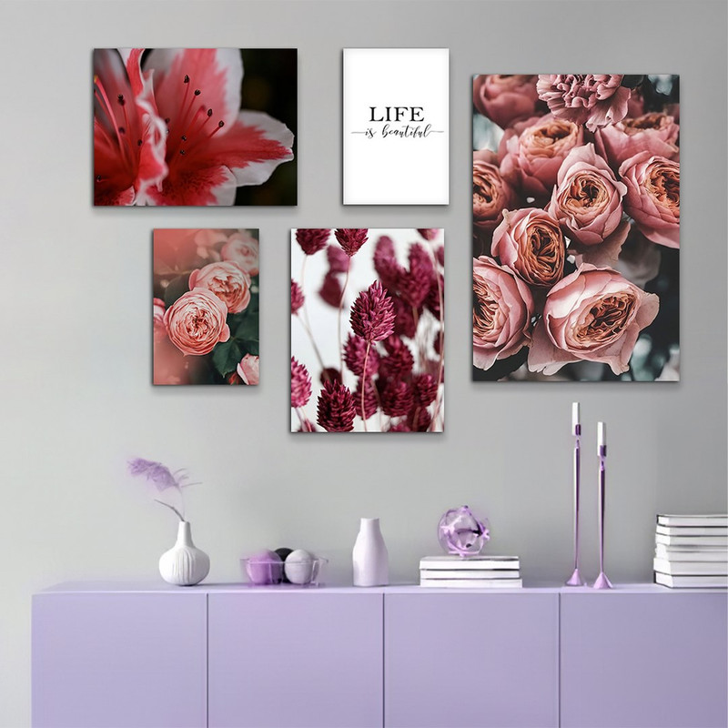 تابلو شاسی بکلیت طرح گل رز صورتی و زندگی مدل SH-961 مجموعه 5 عددی