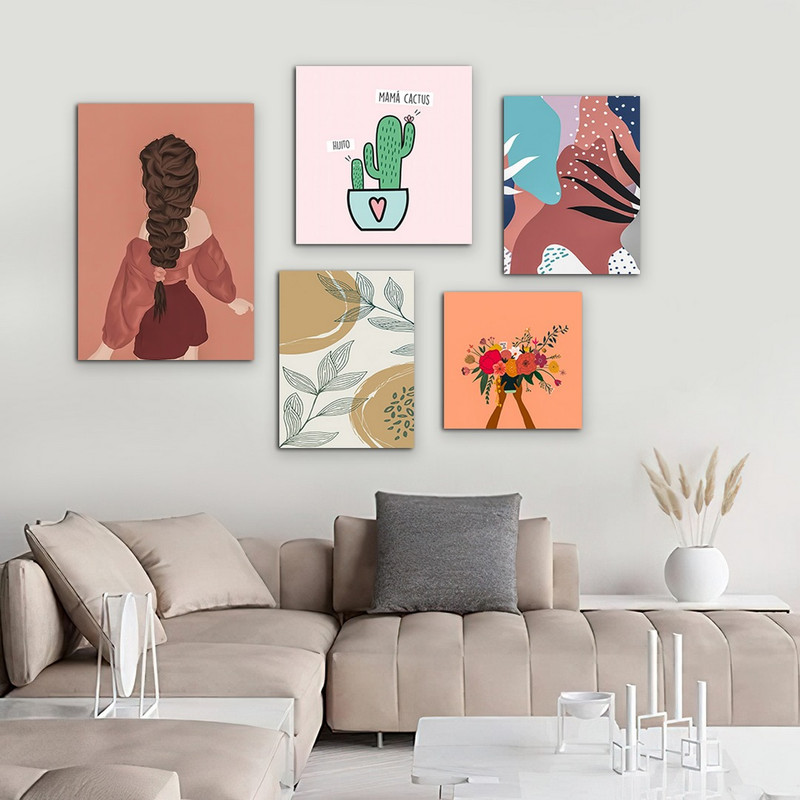 تابلو شاسی بکلیت طرح نقاشی مینیمال و دخترانه مدل SH-947 مجموعه 5 عددی