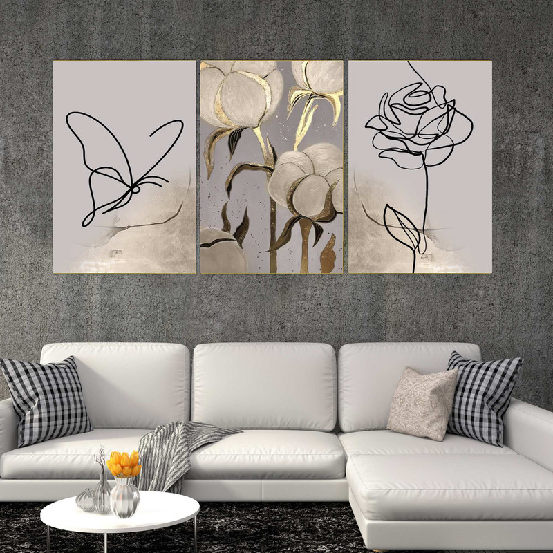 تابلو شاسی بکلیت طرح نقاشی مدرن مینیمال گل و پروانه مدل SH-1558 مجموعه 3 عددی