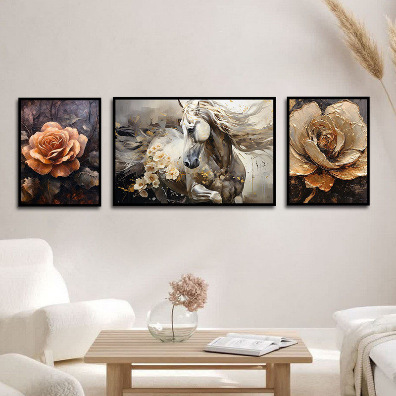 تابلو بکلیت طرح نقاشی مدرن رنگ روغن گل و اسب مدل B-1612 مجموعه 3 عددی