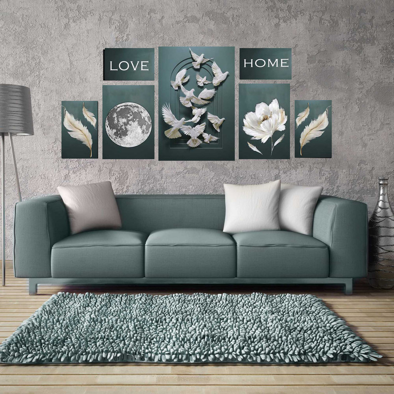 تابلو شاسی بکلیت طرح مدرن کبوتر و گل و ماه مدل SH-1528 مجموعه 7 عددی