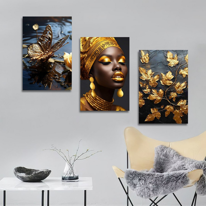 تابلو شاسی بکلیت طرح دکوراتیو چهره آفریقایی طلایی مدل SH-1363 مجموعه 3 عددی