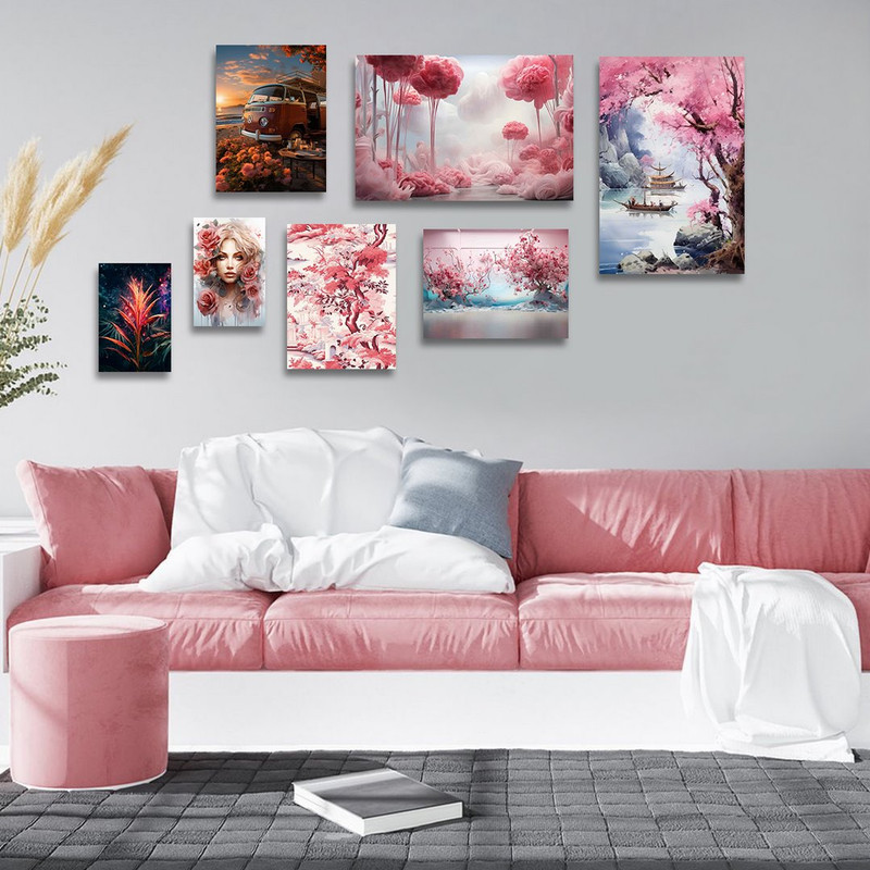 تابلو شاسی بکلیت طرح نقاشی دکوراتیو شکوفه های بهاری مدل SH-1361 مجموعه 7 عددی