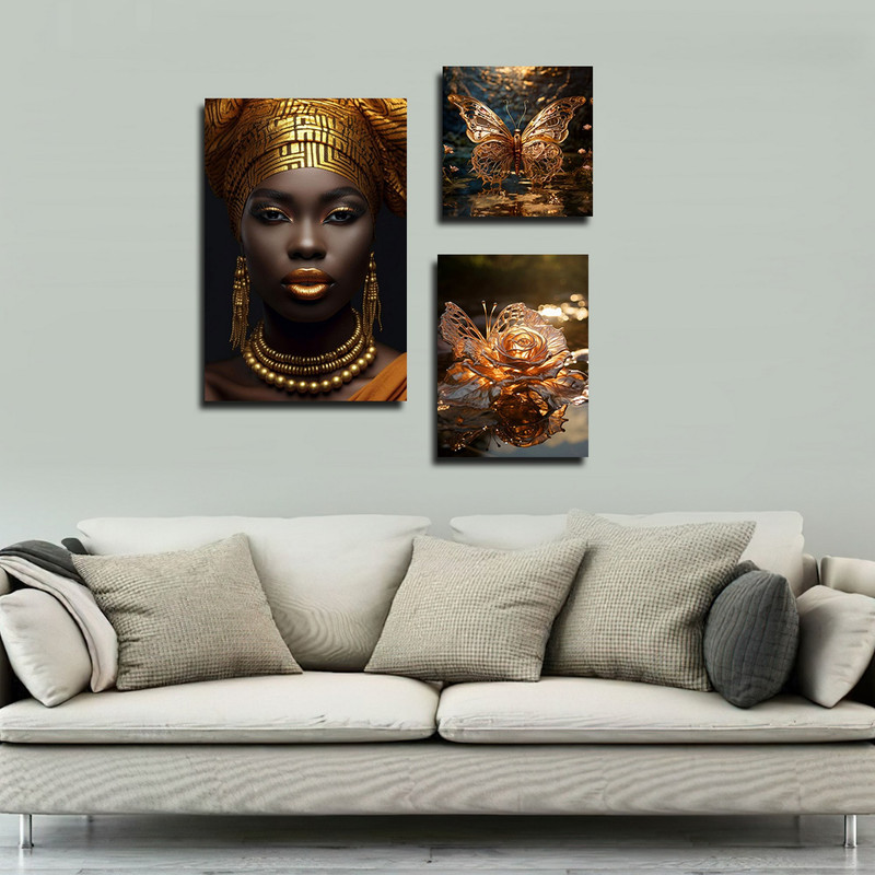 تابلو شاسی بکلیت طرح مدرن چهره آفریقایی و پروانه طلایی مدل SH-1759 مجموعه 3 عددی