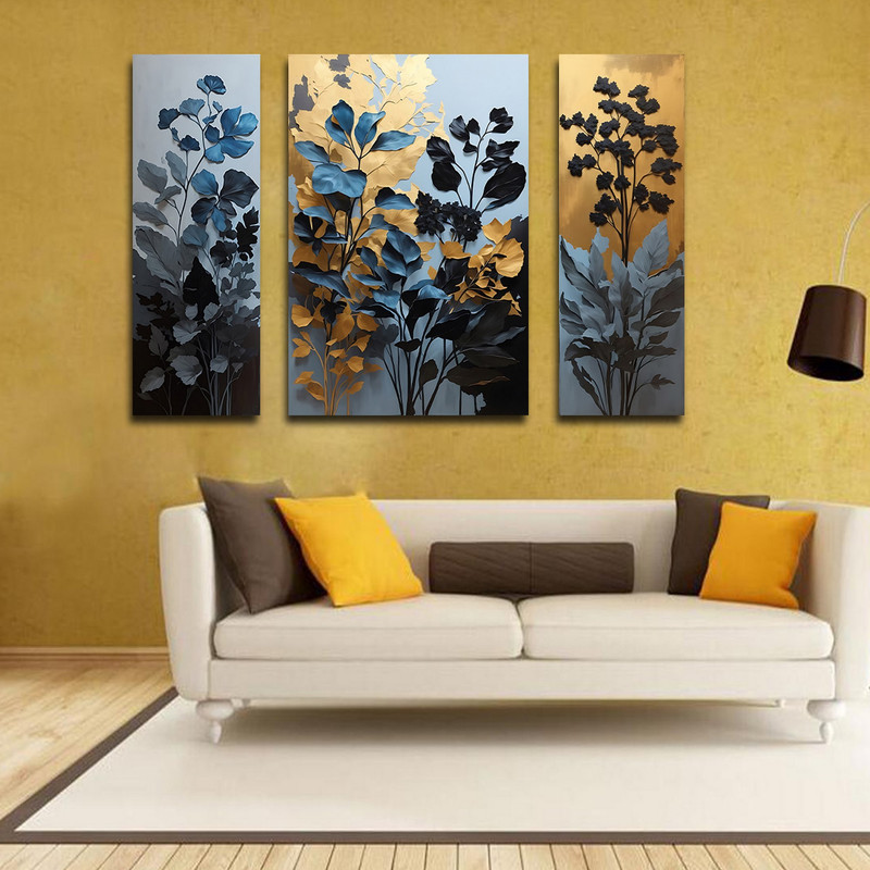تابلو شاسی بکلیت طرح نقاشی مدرن شاخه برگ و گل مدل SH-1621 مجموعه 3 عددی