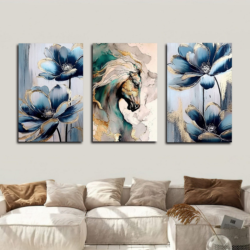 تابلو شاسی بکلیت طرح نقاشی مدرن گل و اسب مدل SH-1589 مجموعه 3 عددی