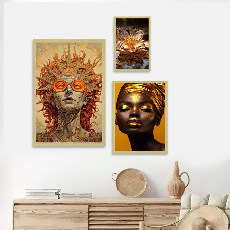 تابلو بکلیت طرح زن سیاه پوست طلایی مدل BE-1226 مجموعه 3 عددی