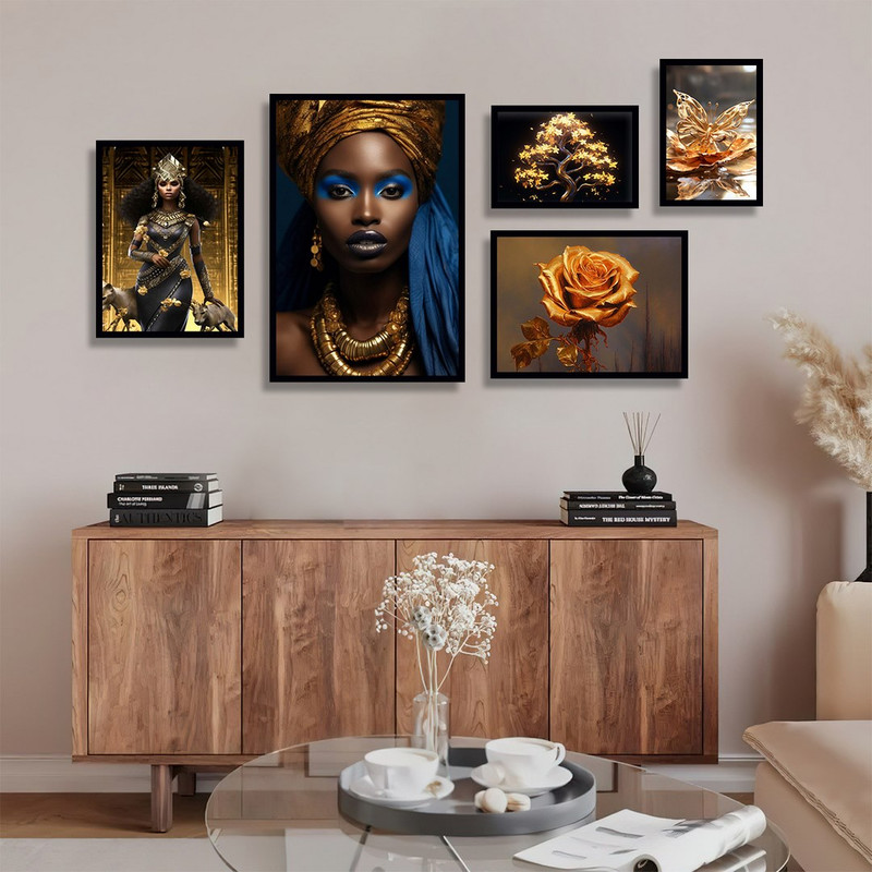 تابلو بکلیت طرح دکوراتیو زن سیاه پوست و گل طلایی مدل B-1222 مجموعه 5 عددی