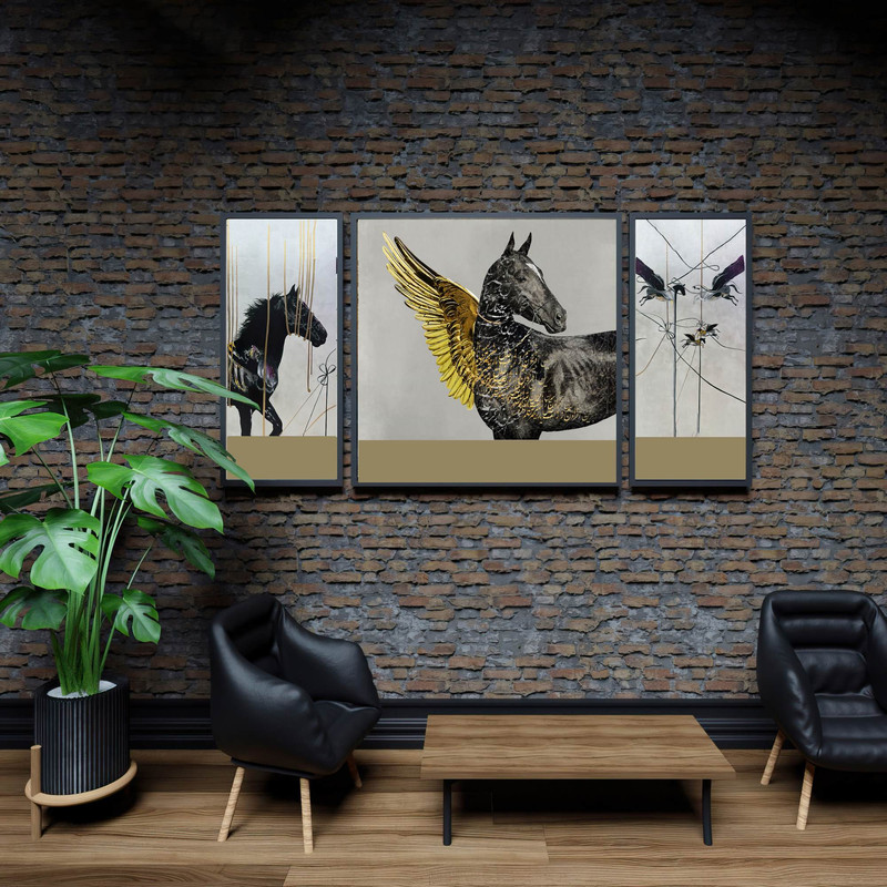 تابلو بکلیت طرح مدرن اسب بال دار و خوشنویسی مدل B-1882 مجموعه 3 عددی