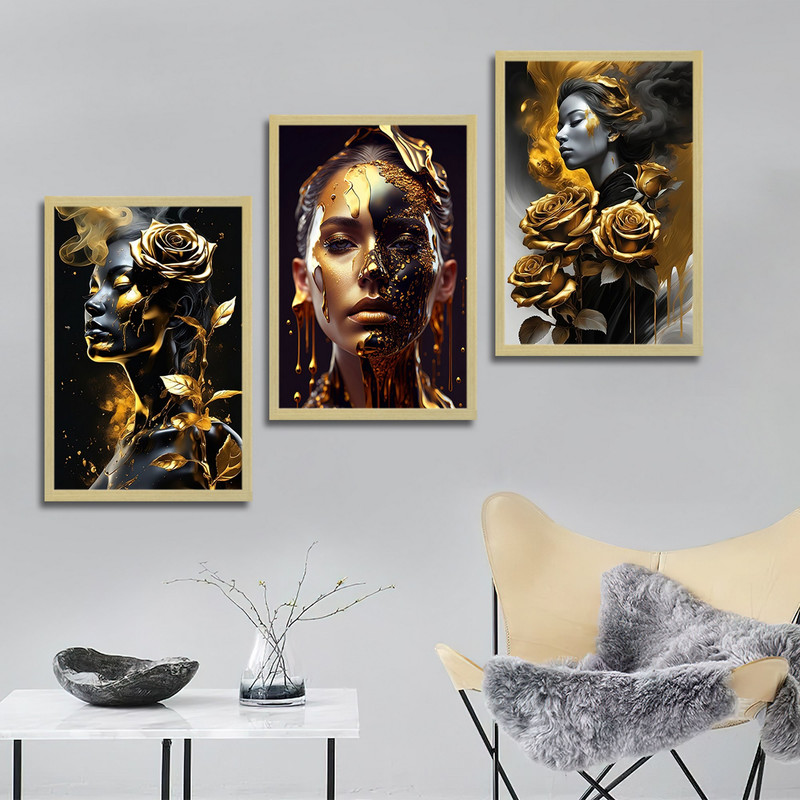 تابلو بکلیت طرح مدرن طلایی چهره و گل مدل BE-1812 مجموعه 3 عددی