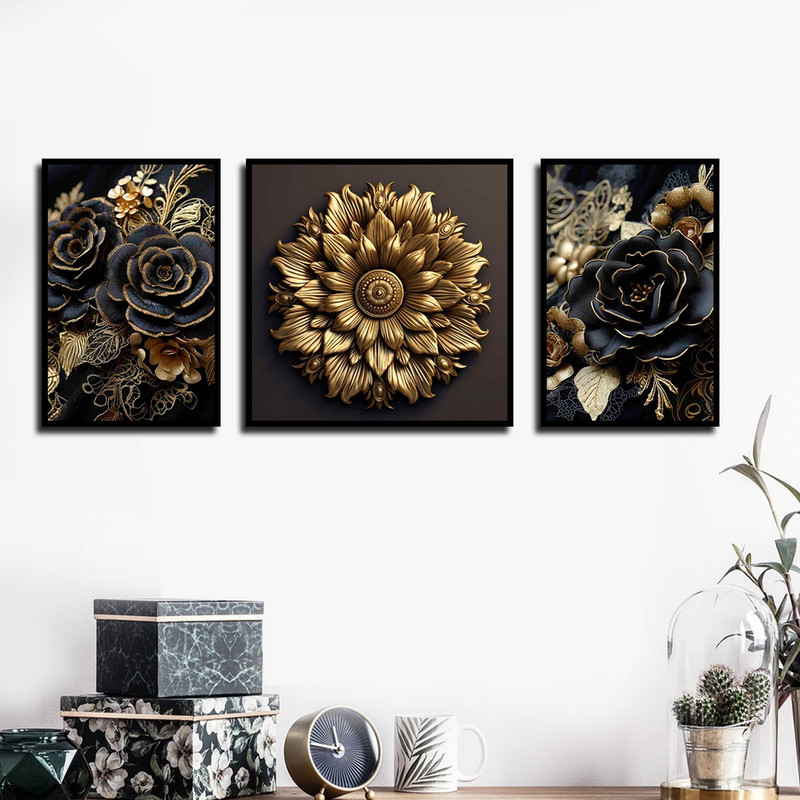 تابلو بکلیت طرح مدرن گل طلایی مدل B-1761 مجموعه 3 عددی