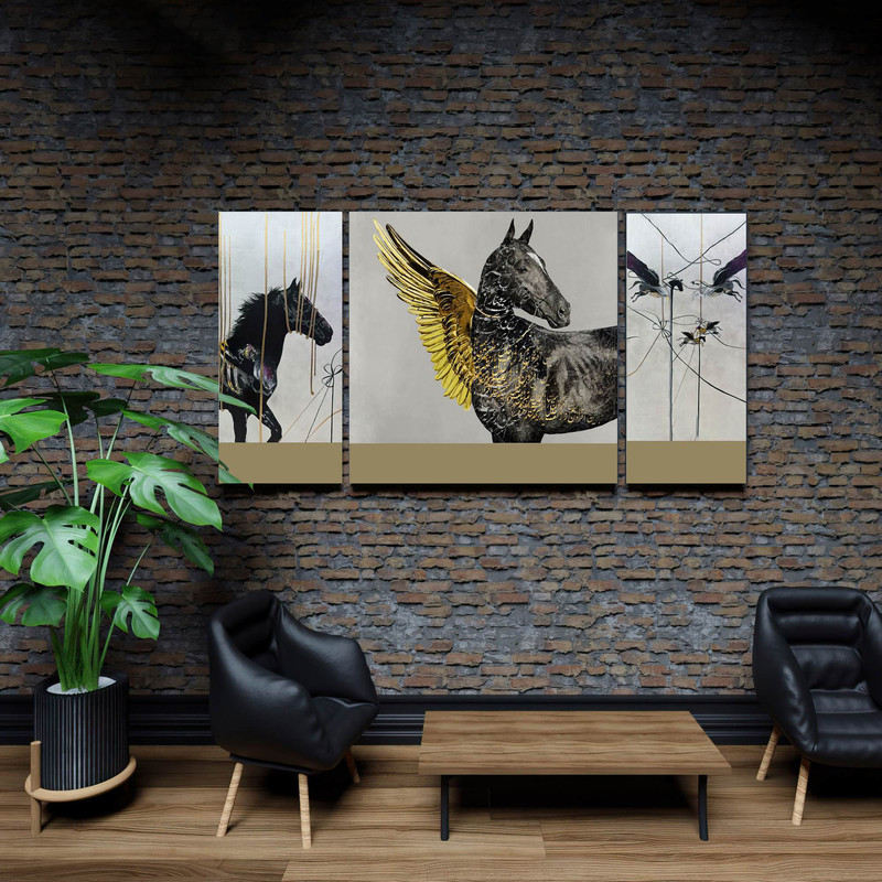 تابلو شاسی بکلیت طرح مدرن اسب بال دار و خوشنویسی مدل SH-1882 مجموعه 3 عددی