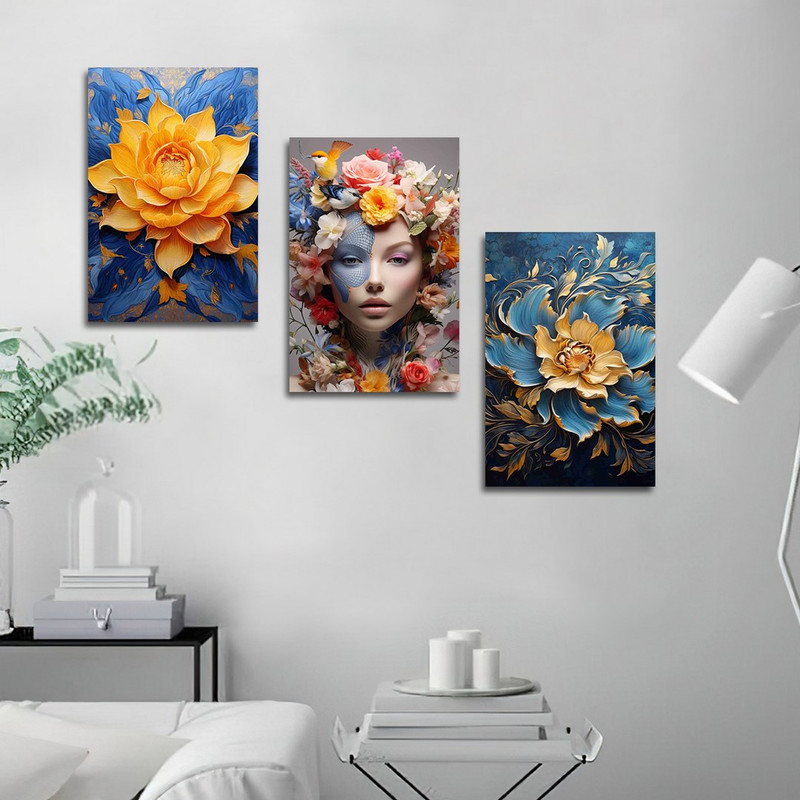 تابلو شاسی بکلیت طرح آرایش چهره و نقاشی گل مدل SH-1392 مجموعه 3 عددی