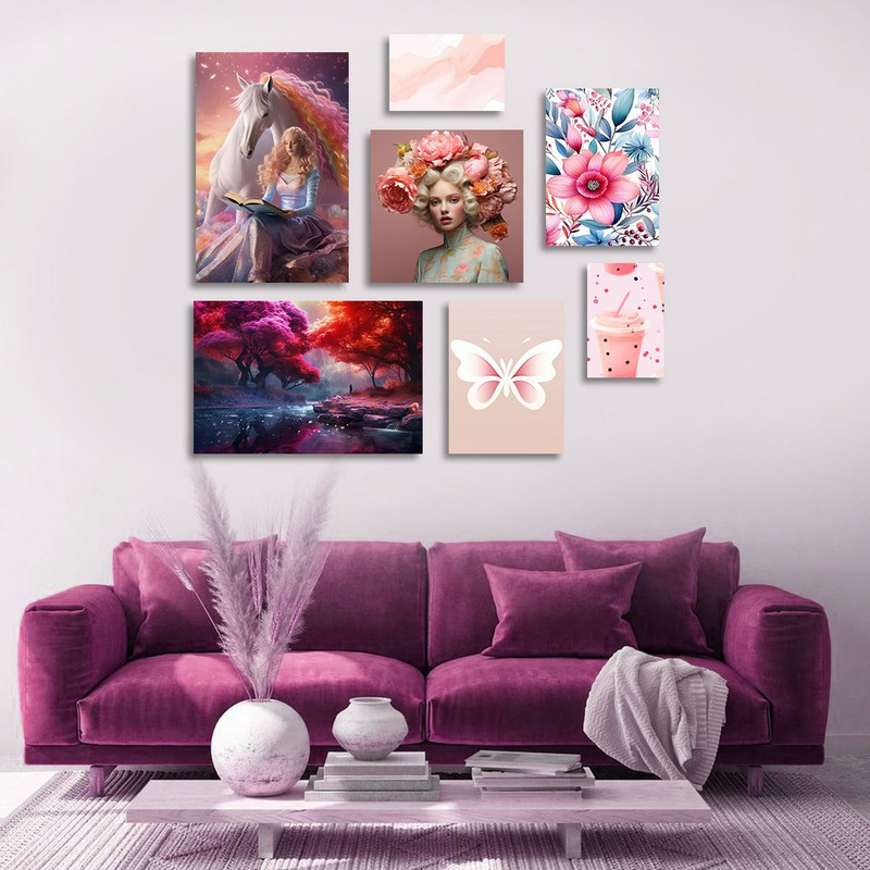 تابلو شاسی بکلیت طرح نقاشی فانتزی دخترانه و جنگل پاییزی مدل SH-1380 مجموعه 7 عددی