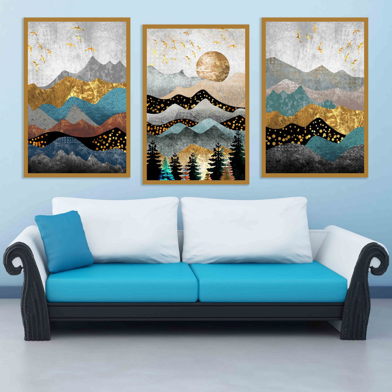 تابلو بکلیت طرح نقاشی انتزاعی و کوه مدل BE-1552 مجموعه 3 عددی