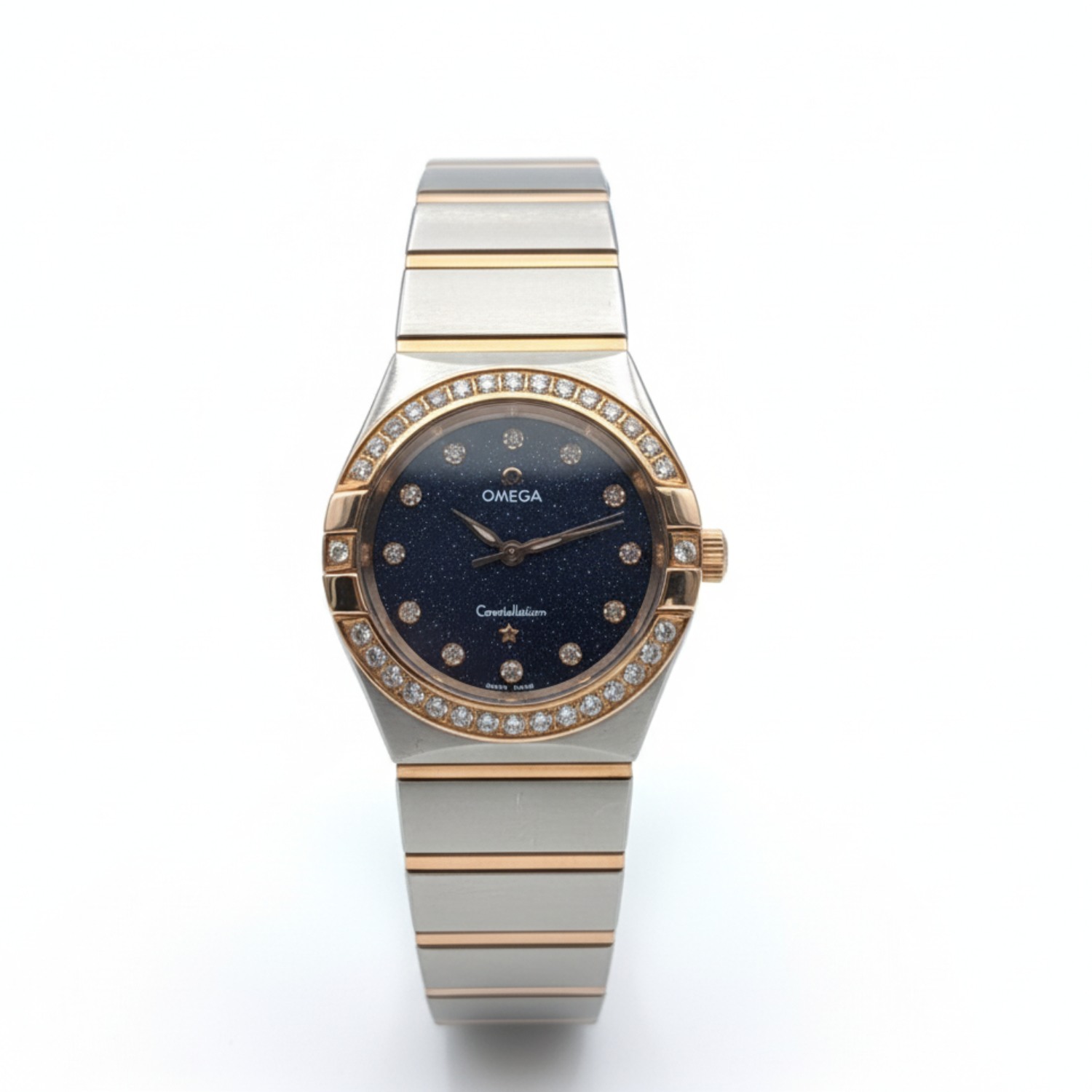 ساعت دورنگین امگا کانسلیشن دو رنگ رزگلد صفحه سرمه ای زنانه