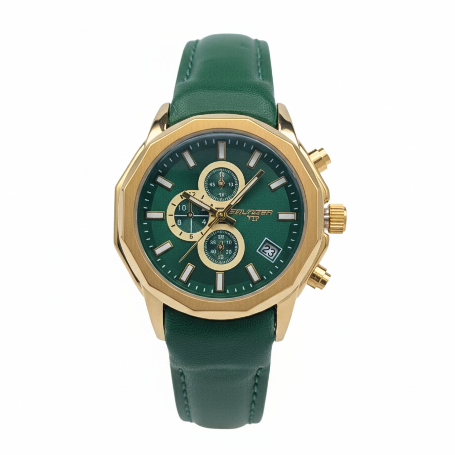 ساعت بلیزر طلایی صفحه سبز چرمی طرح سه موتور فرانس 3155 زنانه