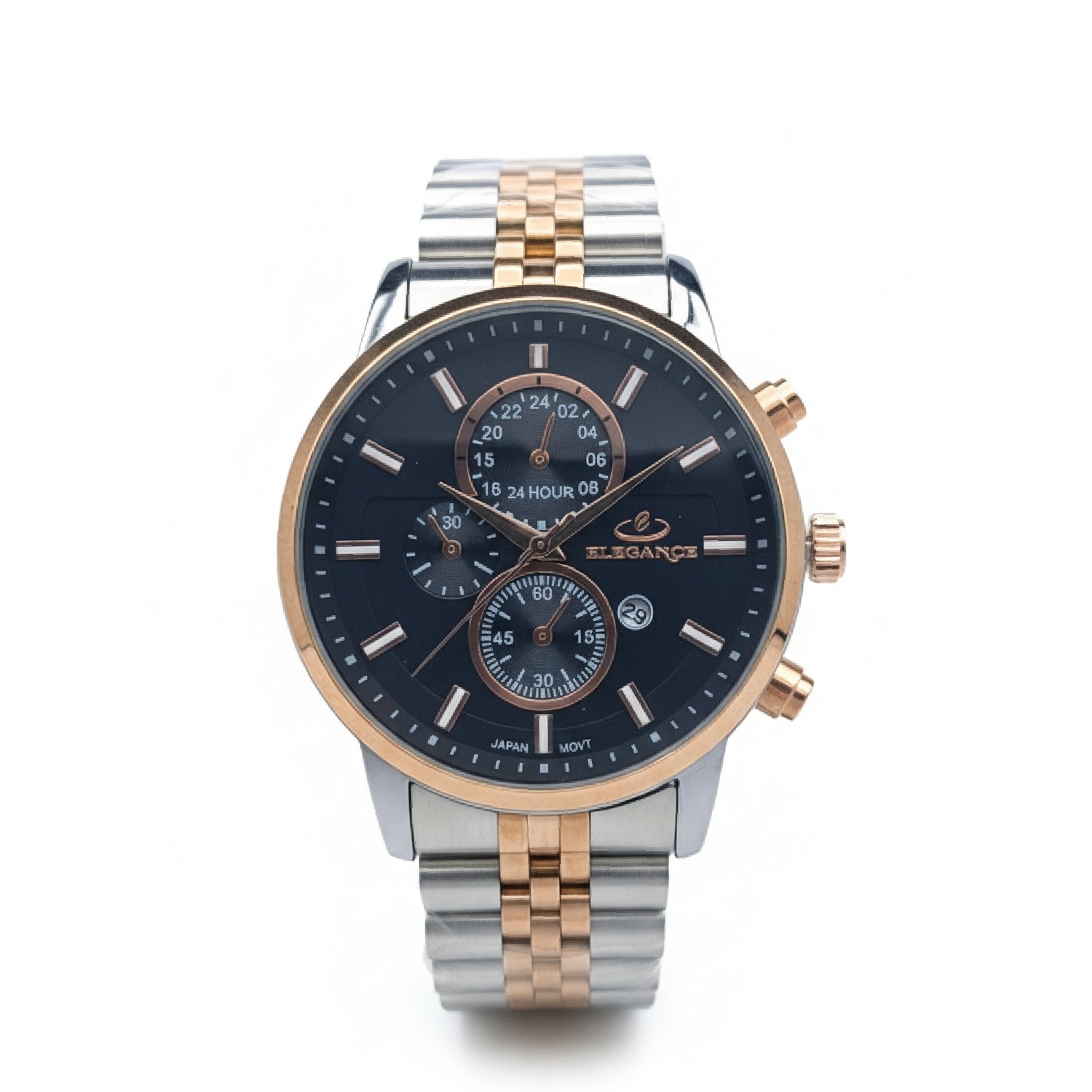 ساعت الگانس دو رنگ رزگلد صفحه مشکی طرح سه موتور 6598 مردانه