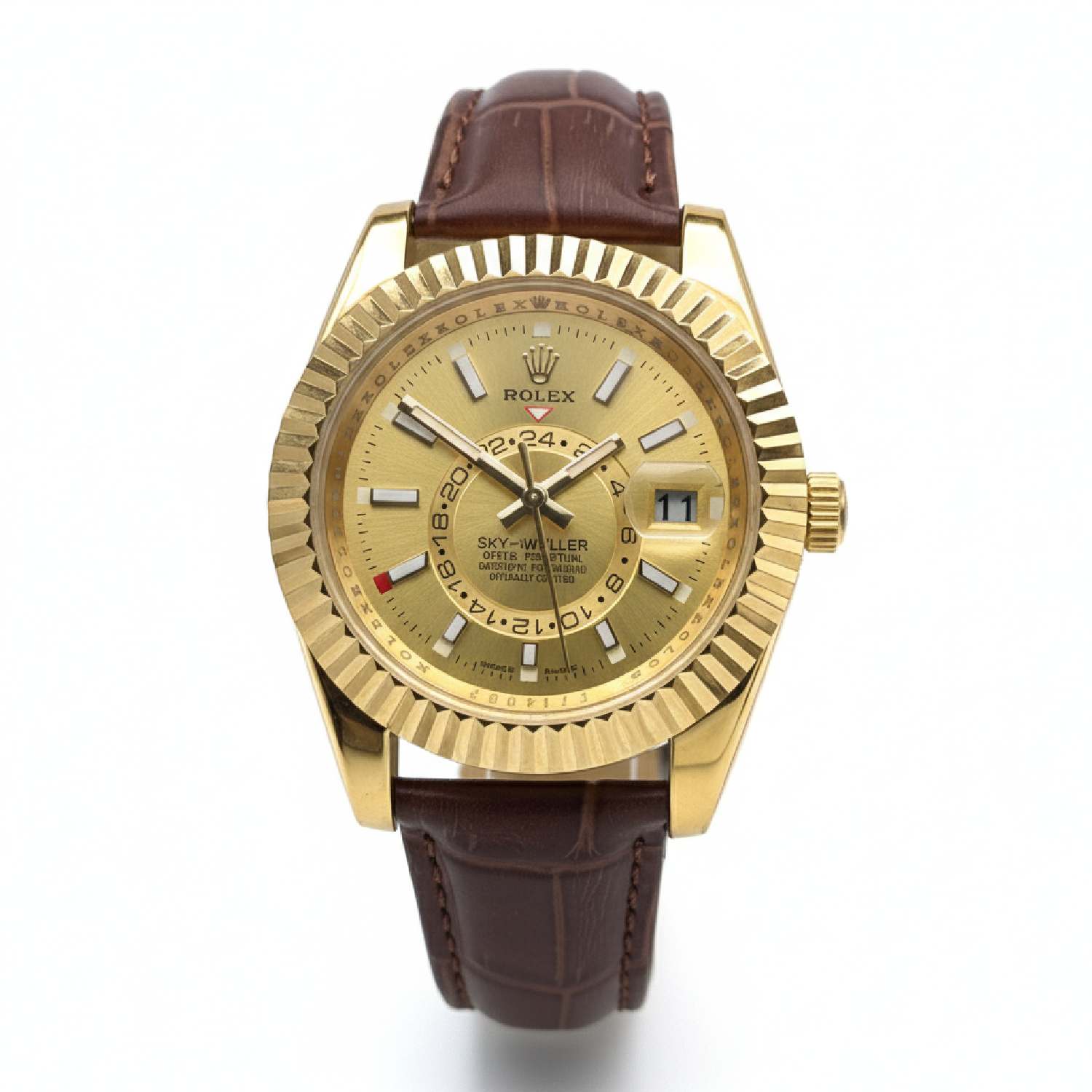 ساعت رولکس اسکای دویلر چرمی طلایی صفحه طلایی مردانه
