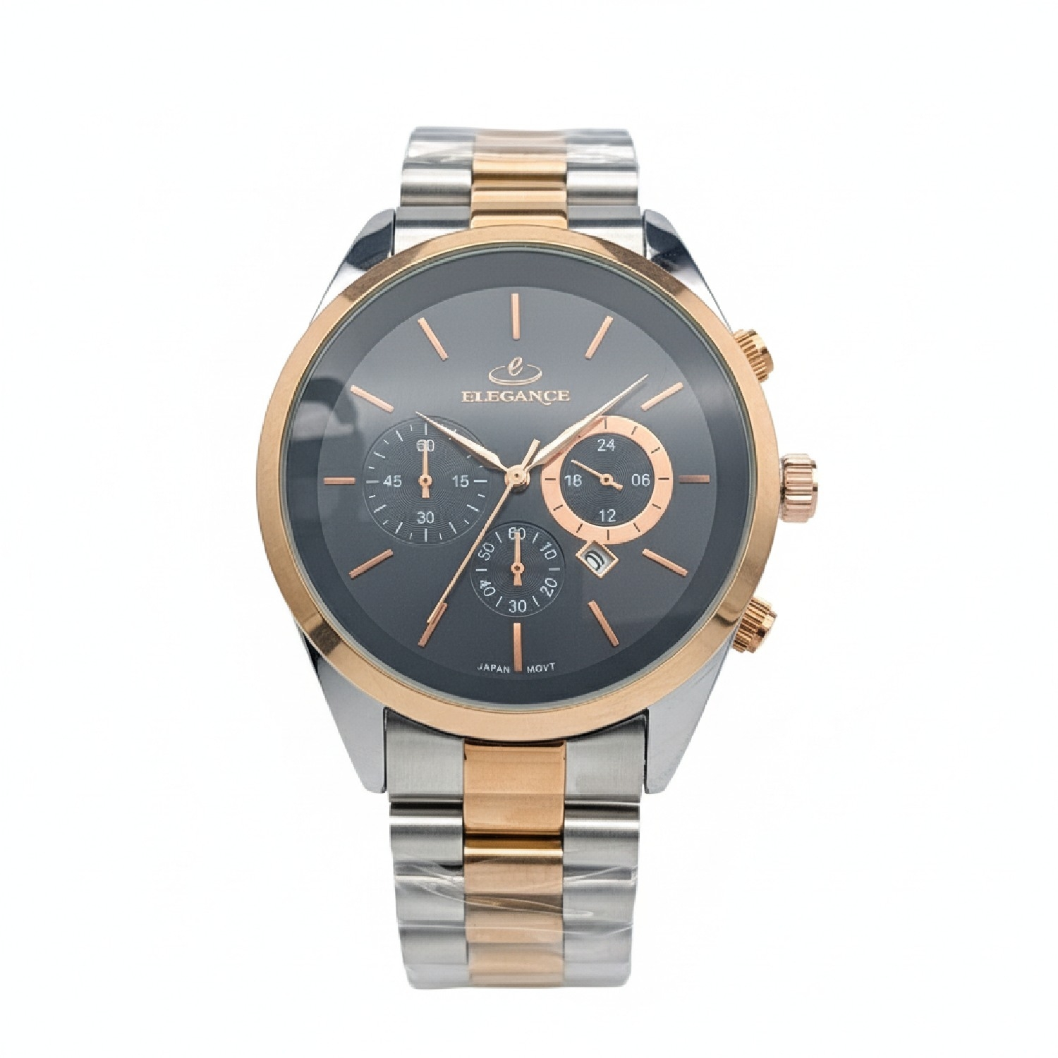 ساعت الگانس دو رنگ رزگلد صفحه مشکی طرح سه موتور 7523 مردانه